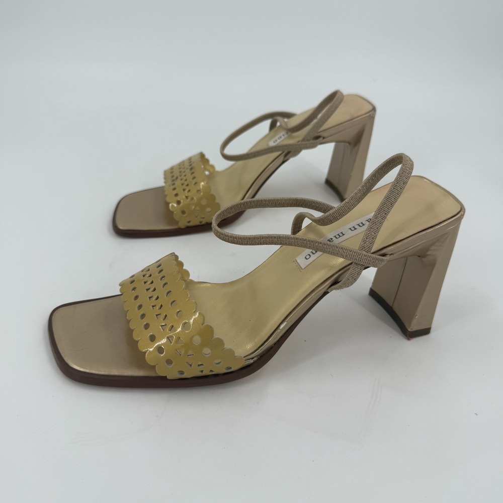 Ann Marino Slingback Sandals Womens Size 8M Tan Fine Leather Laser-Cut Scallop